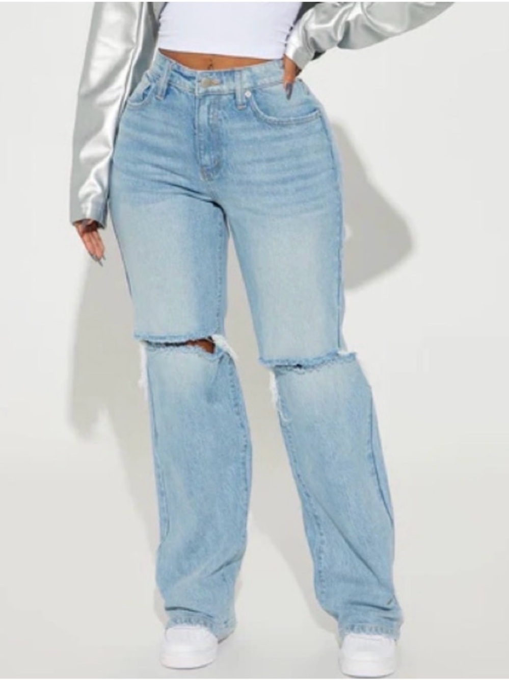 Fashion Nova Distressed Light Wash Straight Flare Jeans - Size 14 Plus